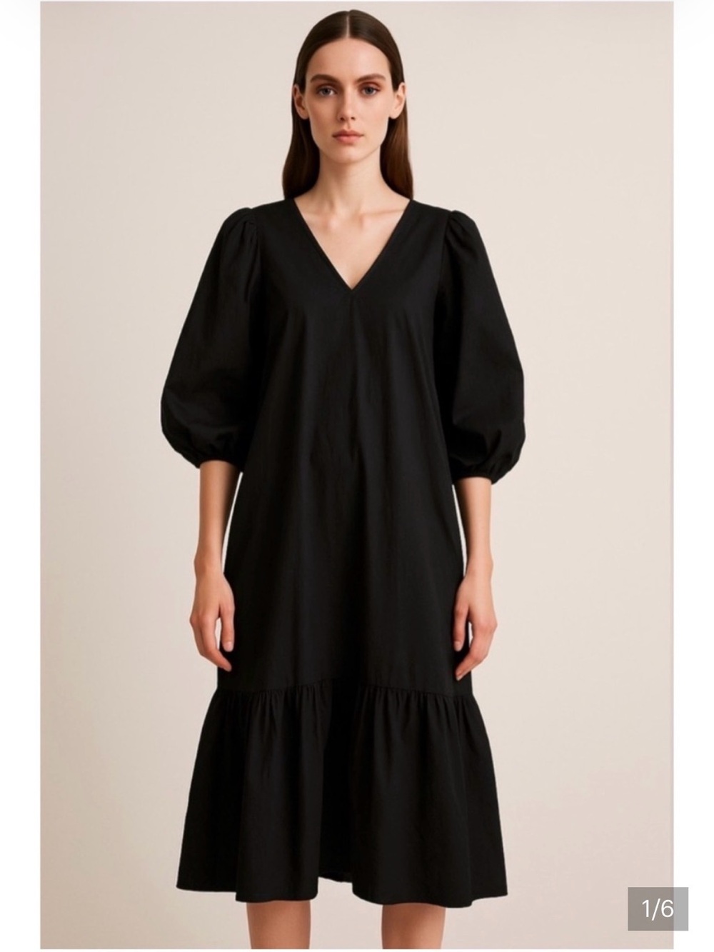 a new day Black V-Neck Puff Sleeve Tiered Midi Dress